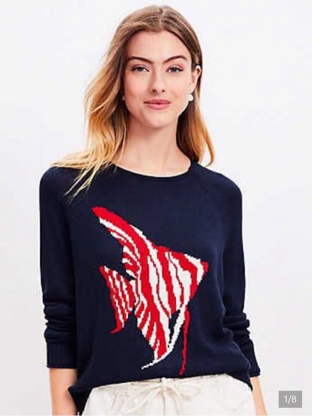 LOFT Navy Crewneck Sweater with Red & White Fish Motif